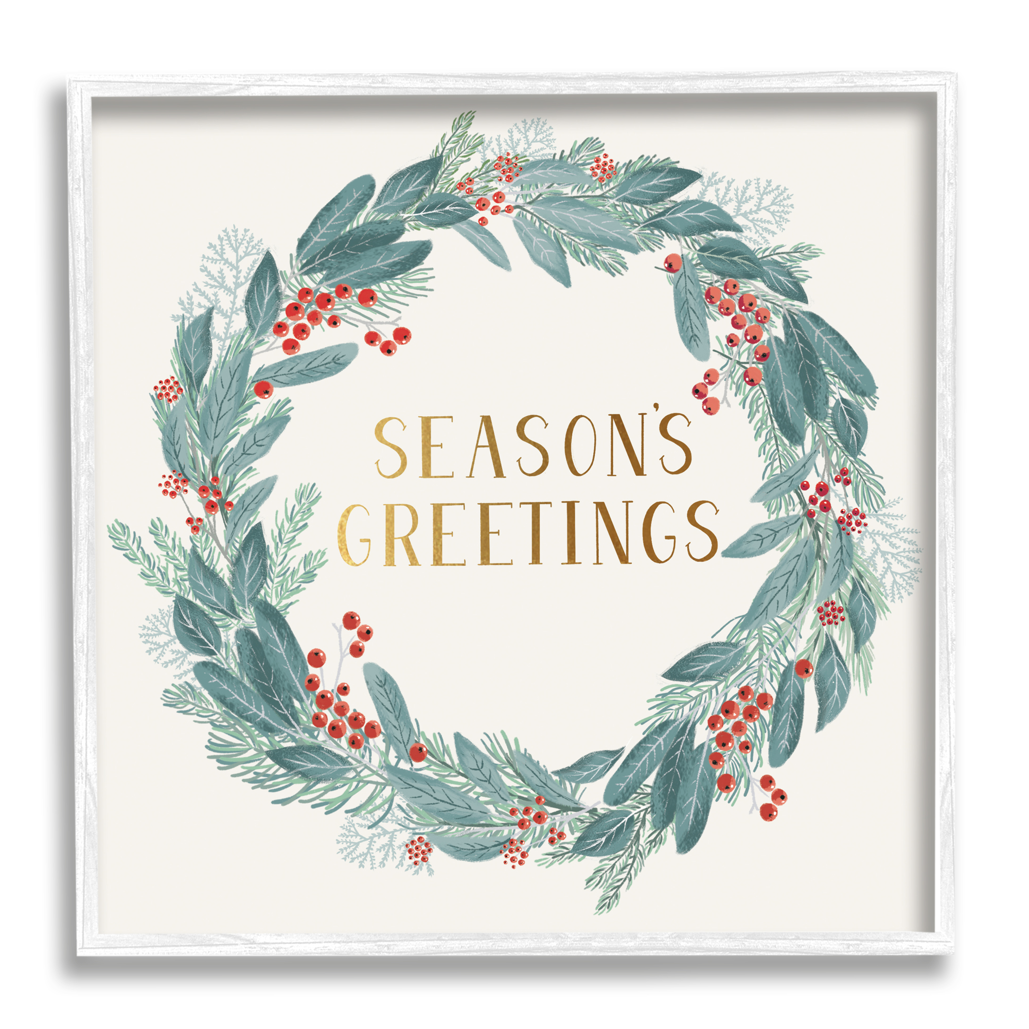 Winter Foliage Red Holly Wreath Season's Greetings Typography Botanical & Floral Framed Art Print Wall Art, 17x17