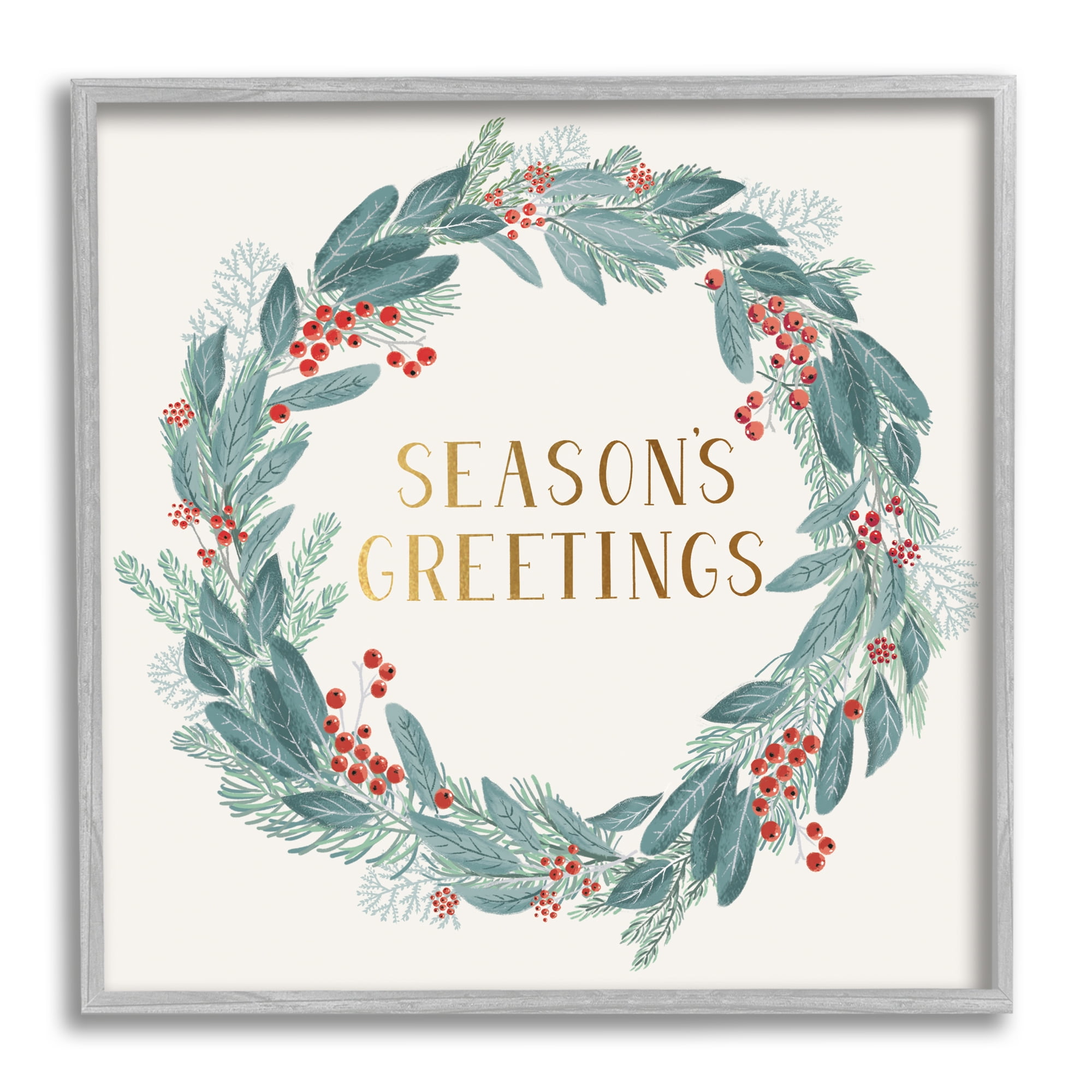 Winter Foliage Red Holly Wreath Season's Greetings Typography Botanical & Floral Framed Art Print Wall Art, 17x17
