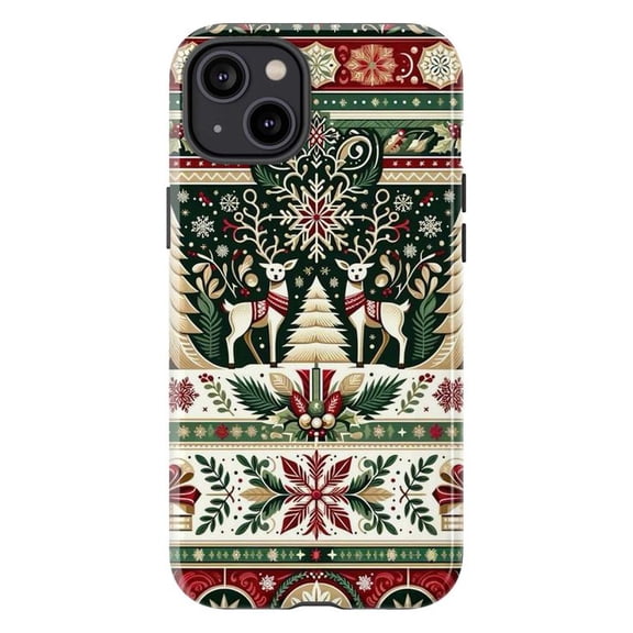 Winter Folk Art Phone Case, Vintage Christmas Deer & Snowflake Pattern iPhone Cover, Unique Case for iPhone 17 16 15 14 13 12 11 Plus Pro Max Mini