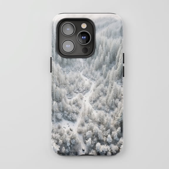 Winter Forest Aerial View For All iPhone Series Tough Phone Case Nature Landscape White Gray
