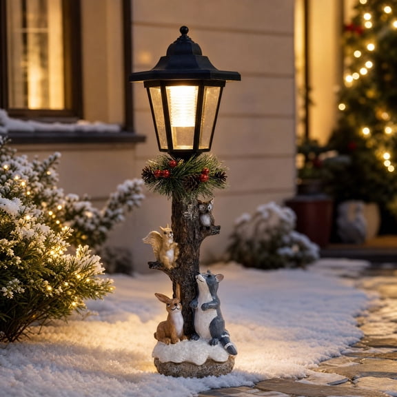 Winter Forest Animal Solar Light Statue, 15 Inch Resin Christmas Decoration with Squirrel, Raccoon, Rabbit & Owl, Solar Powered Lantern for Outdoor Garden Lawn Ornament