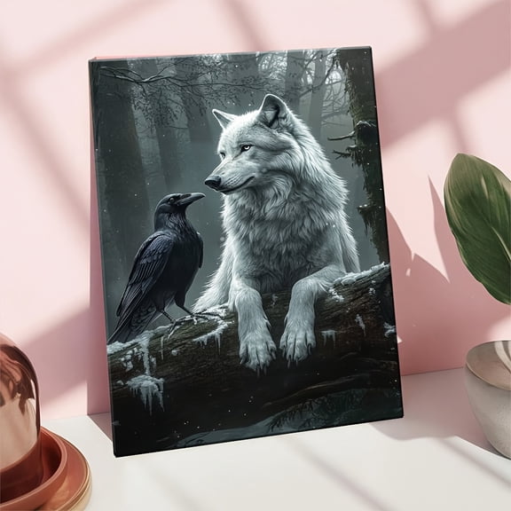 [Winter Forest Art] High-Quality White Wolf & Raven Winter Forest 1pc Canvas Art | Wooden Framed Wall Decor for Living Room, Office, or Bedroom - Semi-Gloss Artist Canvas, Ready to Hang