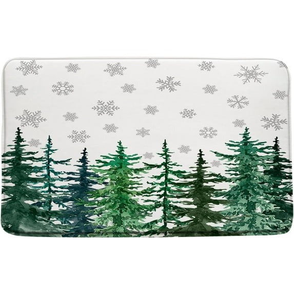Winter Forest Bath Mat Watercolor Christmas Tree Pine Snow Snowflake Merry Xmas Nature Spruce Landscape Rustic Outdoor Bathroom Kitchen Rugs,17.8"x29.5"and 16"x48"