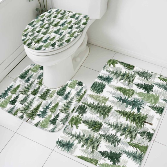 Winter Forest Bathroom Rugs Set Rustic Green Pine Spruce Fir Tree Linen Texture Non Slip Absorbent Soft Bath Mats 3 Piece Set with Bathroom Rug, U-Shaped Floor Mat, Toilet Seat Cover Small Size