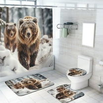 Winter Forest Bear 4 Pcs Shower Curtain Set Rutsic Cabin Wild Animal Snowy Tree with Non-Slip Rugs Toilet Lid Cover and Bath Mat Bathroom Decor Set, 72x72 Inch