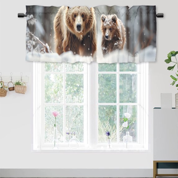 Winter Forest Bear Window Curtain Valances Rutsic Cabin Wild Animal Snowy Tree Rod Pocket Window Valance for Living Room Bathroom Bedroom Kitchen 54 by 18 in, 1 Panel