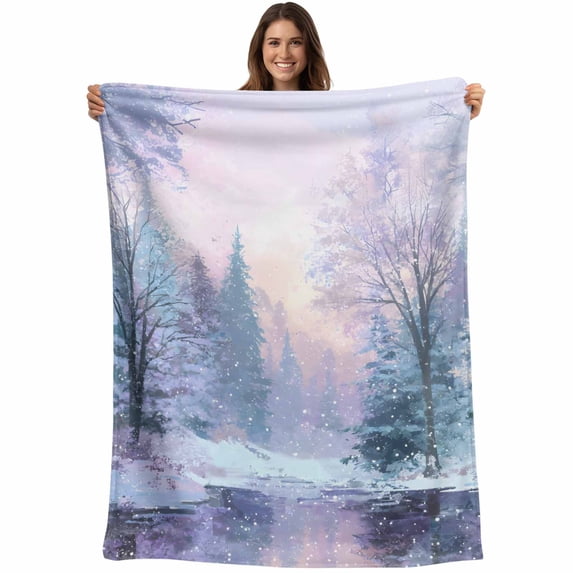Winter Forest Blanket Soft Cozy Warm Twin Blanket for Bed, Plush Fuzzy Flannel Fleece Blankets for Sofa, Natural Forest Lake Snow Scene Colorful Throw Blankets for Couch, Gifts for Men, 60"x80"