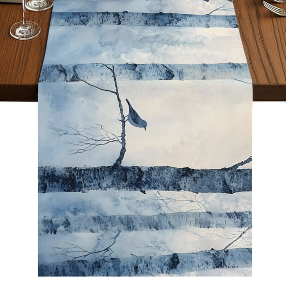 Winter Forest Burlap Cotton Table Runner 13x60 Inches Long, Country Birch Tree Trunks Natural Scenery Farmhouse Table Runners, Outdoor Dining Tablecloths Decor for Baby Shower/Party/Wedding