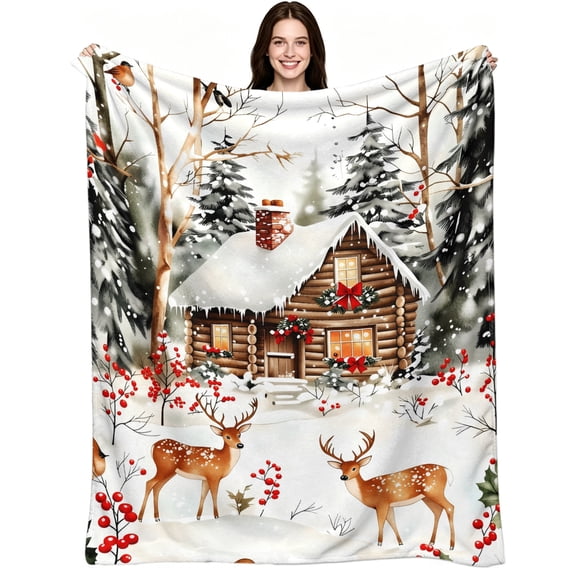 Winter Forest Cottage Deer Scene, Soft Flannel Fleece, Rustic Cozy Cabin, Throw Blanket, Warm Cozy Peaceful, Xmas Home Decor, Couch Bed Winter Holiday Gift