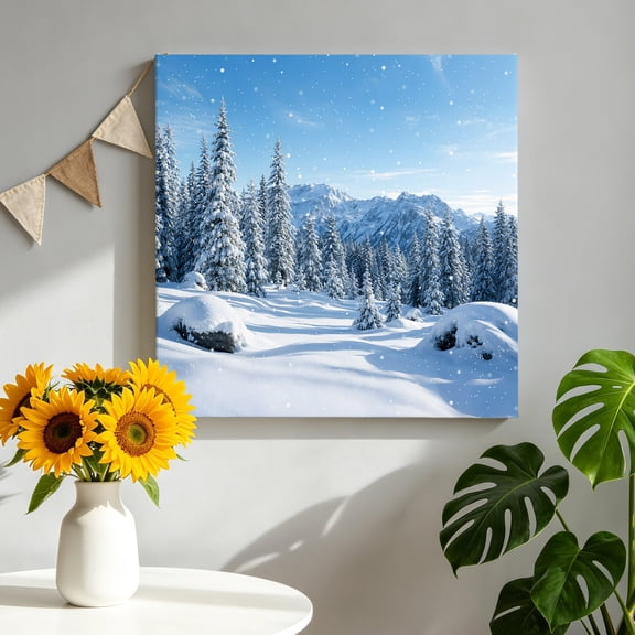 Winter Forest Canvas Wall Art, Christmas Dreamy Country Rustic Snowflake Pine Tree Pictures Wall Decor Wooden Framed Artwork Art Prints for Living Room Hallway Bedroom Office 8"x8"