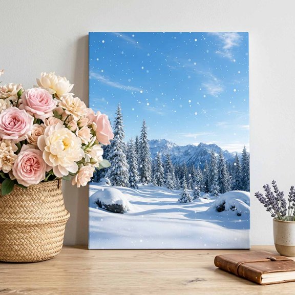 Winter Forest Canvas Wall Art, Christmas Dreamy Country Rustic Snowflake Pine Tree Pictures Wall Decor Wooden Framed Artwork Art Prints for Living Room Hallway Bedroom Office 8"x12"