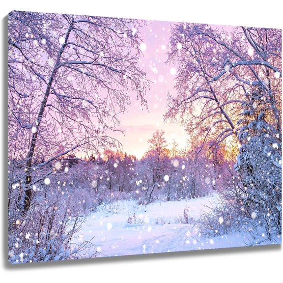 Winter Forest Canvas Wall Art, Snow Covered Trees and Falling Snowflakes at Sunset Pink Purple Sky, Christmas Decor for Bathroom Living Room Bedroom
