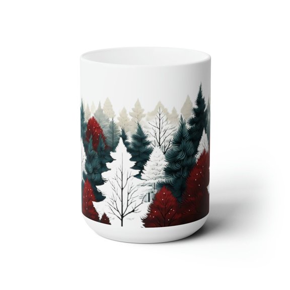 Winter Forest Ceramic Mug: Evergreen Trees, Holiday Coffee Cup (15oz)