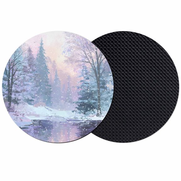 Winter Forest Coasters Set of 2, Absorbent Coasters for Drinks, Natural Forest Lake Snow Scene Colorful Coaster for Desk Coffee Table Protection, Home Decor House Warming Gifts 4"