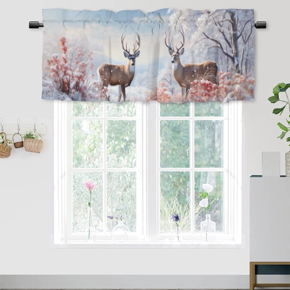 Winter Forest Deer Kitchen Curtain Valances Rustic Cabin Animal Deer Elk Snow Hunting Window Valance for Bedroom Bathroom Living Room Dining Room Valances Set 54 by 18 in, 1 Panel