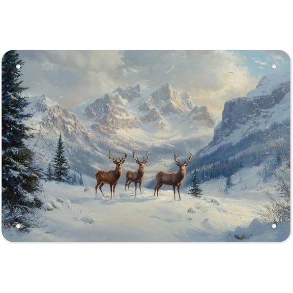 Winter Forest Deer Metal Tin Sign Wall Decor 8x12 Inch