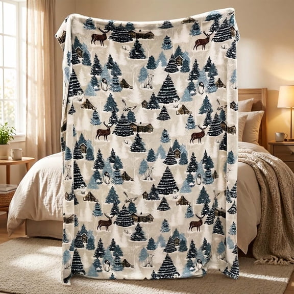 Winter Forest Deer Penguin Throw Blanket for Couch or Bed, Soft Flannel Warm Cozy Decor Cover, Washable Blanket for Bedroom Use.