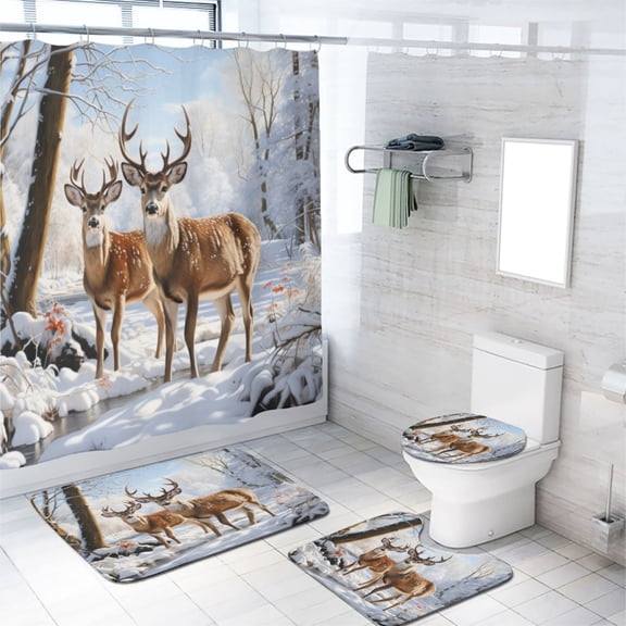 Winter Forest Deer Shower Curtain Set with Rugs Rustic Cabin Animal Deer Elk Snow Hunting with Non-Slip Rugs, Toilet Lid Cover and Bath Mat, Durable and Waterproof, for Bathroom Decor Set, 72x72 Inch
