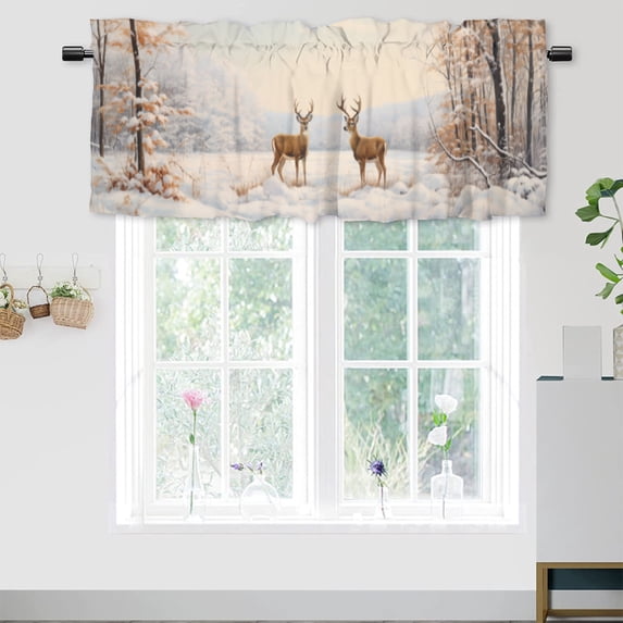 Winter Forest Deer Window Curtain Valances Wild Animal Elk Snowy Tree Rustic Farmhouse Privacy Decorative Rod Pocket Short Window Valance Curtains 54 by 18 in, 1 Panel