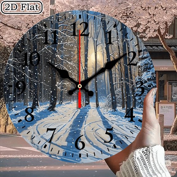 Winter Forest Digital Illustration Wall Clock, Serene Snowy Woodland Scene Decor, Round 10x10 Inch, 1pc, Battery Not Included