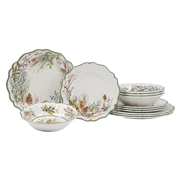 Winter Forest Dinnerware Set, 12 Piece - Melamine Tableware for 4, Holiday Forest Design, Durable & Dishwasher Safe