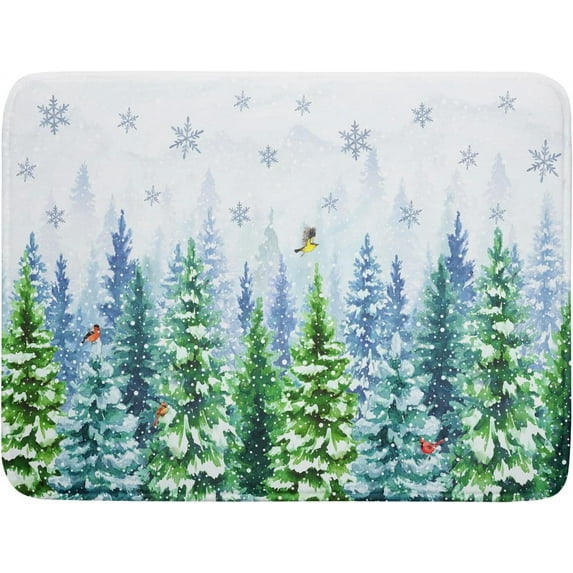 Winter Forest Dish Drying Mats - Snowflake Birds Dish Drainer Mat 18"x24" Welcome Christmas Dish Draining Mat Watercolor Wildlife Tree Drying Pad for Kitchen Counter Sink
