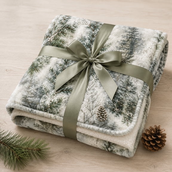 Winter Forest Fleece Blanket – Pine Trees & Snowflakes Print, Soft 280GSM Throw, 4 Sizes