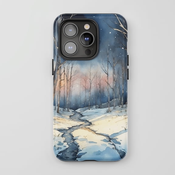 Winter Forest For All iPhone Series Tough Phone Case Watercolor Style Blue