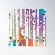 Winter Forest And Kawaii Fox, Cute Fox, Wild Animals, Woodland Animals Lovers Poster Wall Art, Modern Wall Decor For Living Room Bedroom, 16X16 UNFRAMED