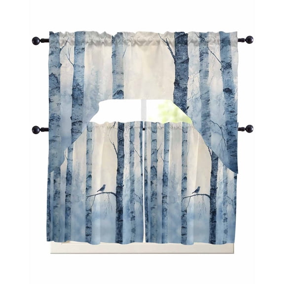 Winter Forest Kitchen Curtains Set for Windows 3 Piece Cafe Curtains 36 Inch Length Swag Curtains Valances and Tier Set Country Birch Tree Trunks Natural Scenery Drapes for Bedroom Living Room
