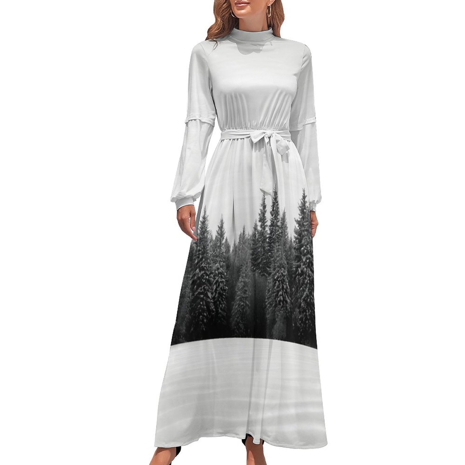 Winter Forest Lake Scene Women's Long Dress Long Sleeves Dress Vintage  Dresses Party Maxi Dress High Waist Dress - Walmart.com