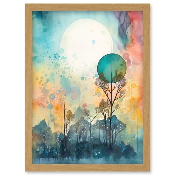 Winter Forest Landscape Dreamland Partial Sun Eclipse and Snowfall over Trees Modern Watercolour Artwork Framed Wall Art Print A4