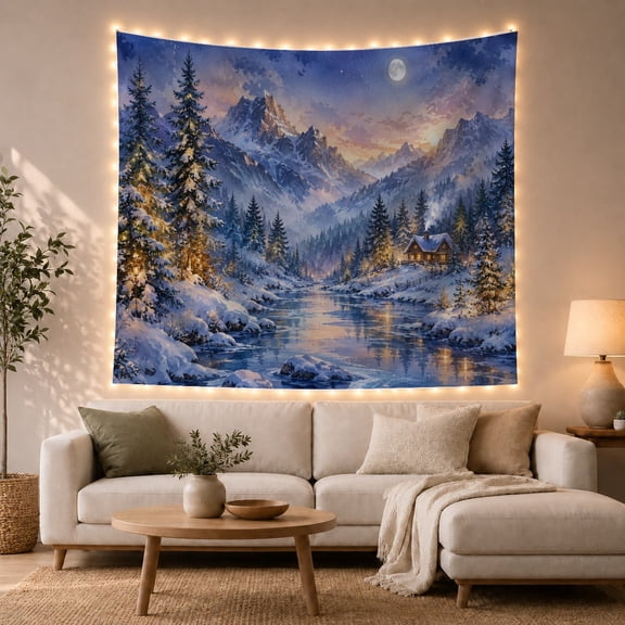 Winter Forest Landscape with Frozen River and Cabin, Peaceful Watercolor for Nature Lovers, Rustic Cabin Wall Art, Housewarming Gift, Tapestry Wall Hanging for Bedroom and Living Room