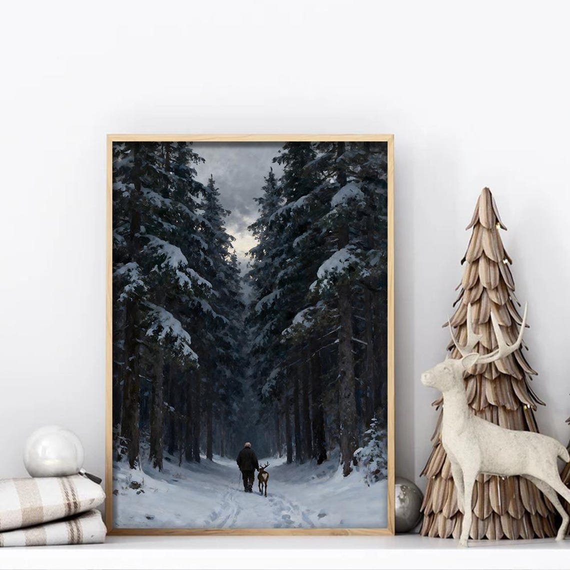 Winter Forest Man And Deer Art Snowy Landscape Poster Home Decor, 8x12 ...