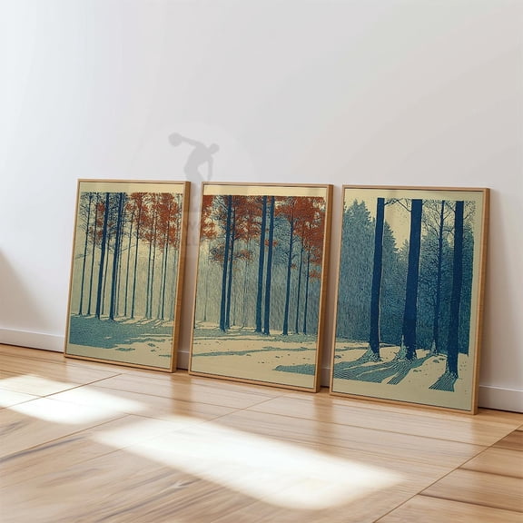 Winter Forest Minimal Blue Rust Woodland Tranquil Wall Art Set 3 Stretched Canvas 12x18