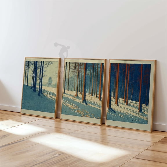 Winter Forest Minimal Blue Rust Woodland Tranquil Wall Art Set 3 Unframed Paper Print 8x12