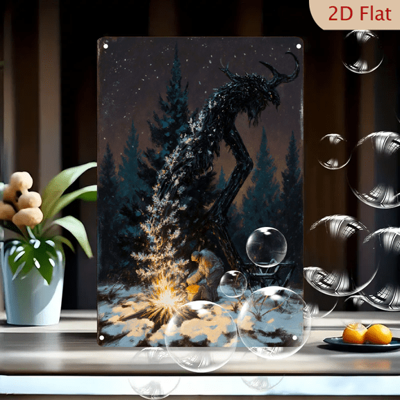 Winter Forest Monster Art 8x12inches Metal Wall Decor, Dark Night Campfire Scene with Twisted Branch Creature and Snowy Pine Trees, Heavy Winter Clothing Figure by Fire, Rustic Cabin Home Decoration