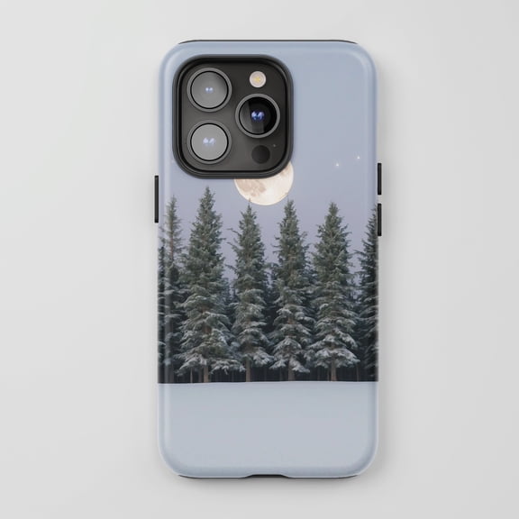 Winter Forest Moon Design For All iPhone Series Tough Phone Case Nature Theme Light Blue