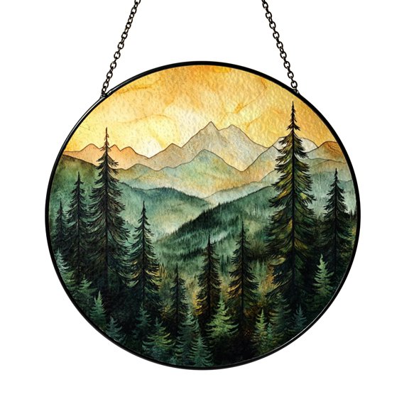 Winter Forest Mountain Glass Suncatcher Window Hanging, Peaceful Snow Scene Home Decoration