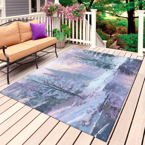 Winter Forest Outdoor Rug 6x9 Ft, Non Slip Washable Area Rug, Natural Forest Lake Snow Scene Colorful Patio Rugs Carpet Runner, Large Floor Mat for Indoor/Outdoor Deck Porch Camping