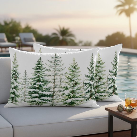 Winter Forest Outdoor Waterproof Throw Pillow Covers Set of 2, 20"x12", Snow Green Trees Landscape Rustic Cottagecore Decorative Pillow Covers Outside Cushion Case for Patio Porch Garden