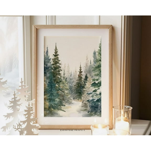 Winter Forest Painting Print, Snowy Winter Landscape Evergreen Trees Watercolor Painting, Wall Art, Modern Wall Decor, 8x12 UNFRAMED