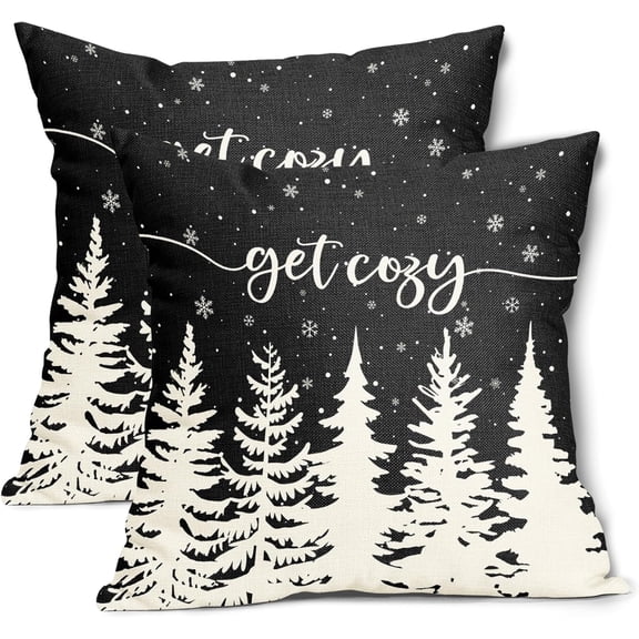 Winter Forest Pillow Covers 18x18 Inch Set of 2 Christma Pine Tree Black Cotton Linen Decorative Throw Pillow Case Get Cozy Holiday Porch Cushion Covers for Bedroom Sofa Living Room Chair