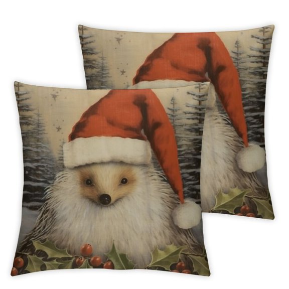 Winter Forest Pine Tree Animal Hedgehog Pillow CoversChristmas Decorations Rustic Xmas Farmhouse Throw Pillows Decor Winter Holiday Peace Joy Cushion Case for Home Sofa Bed