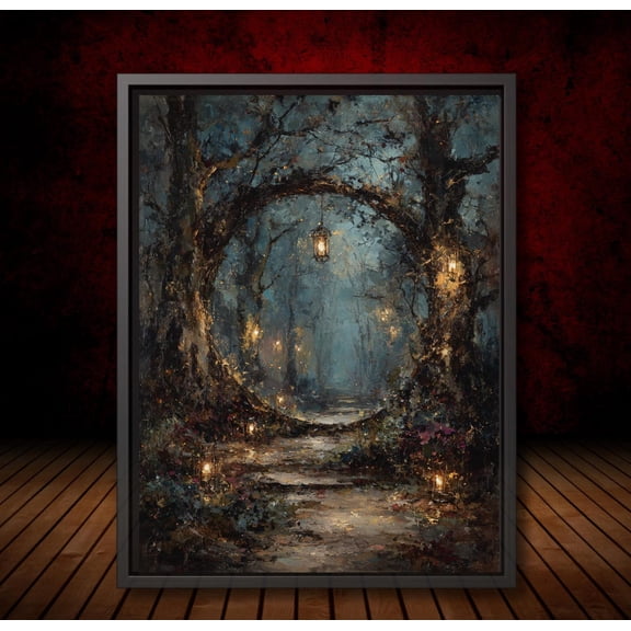 Winter Forest Portal Wall Art Poster Mystical Snowy Woodland Path Glowing Lanterns, Dark Fantasy Style Enchanted Wintery Forest, Unframed Poster Size 24x36