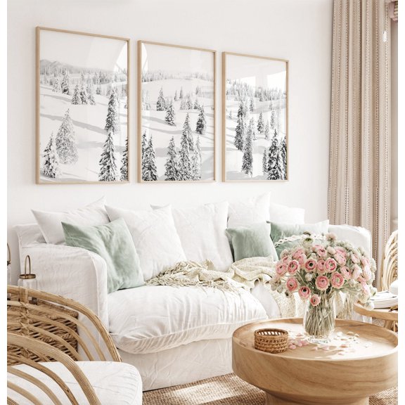 Winter Forest Print Set, Snowy Pine Tree Landscape, Stretched Canvas