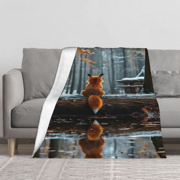 Winter Forest Red Fox Reflection Flannel Blanket, Cute Fox Back View Snow Scene Forest Print Soft Wool Blanket, Lightweight and Comfortable Sofa Bed Cover, Home Decor for Wildlife Lovers