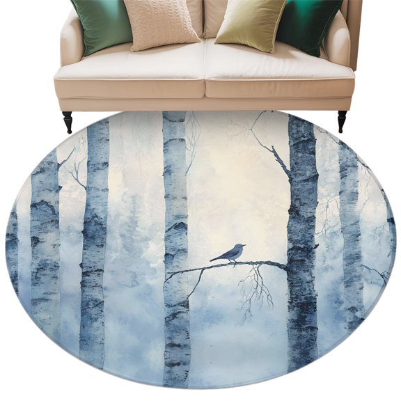 Winter Forest Round Rug 6ft Washable Circle Kitchen Rugs Non Slip Country Birch Tree Trunks Natural Scenery Large Area Rug Indoor Floor Carpet for Bedroom Living Room Home Office Dining Room Nursery