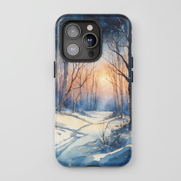 Winter Forest Scene For All iPhone Series Tough Phone Case Watercolor Nature Blue