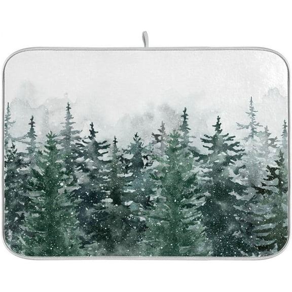 Winter Forest Scenery Dish Drying Mat for Kitchen Christmas Tree Snow Xmas Microfiber Drying Mats Absorbent Reversible Dish Pad Medium Dish Draining Mat 16x18 inch